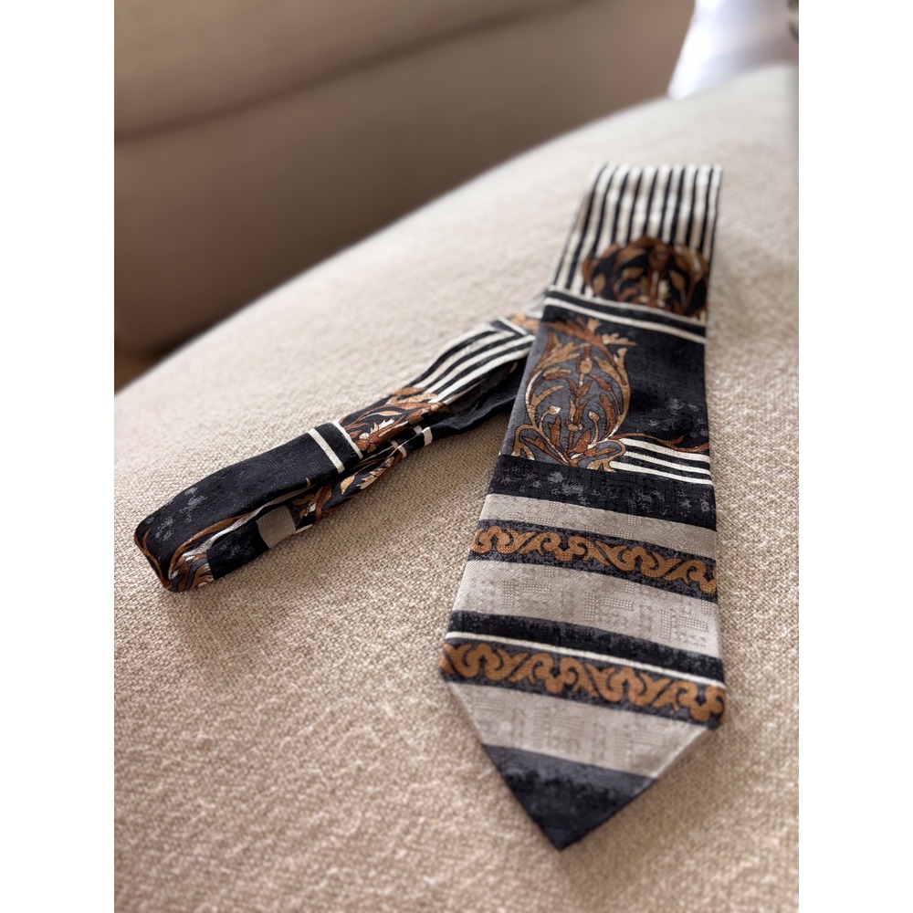 French Je Suis I Am Necktie Black Gold Silver Baroque Striped Jacquard Tie